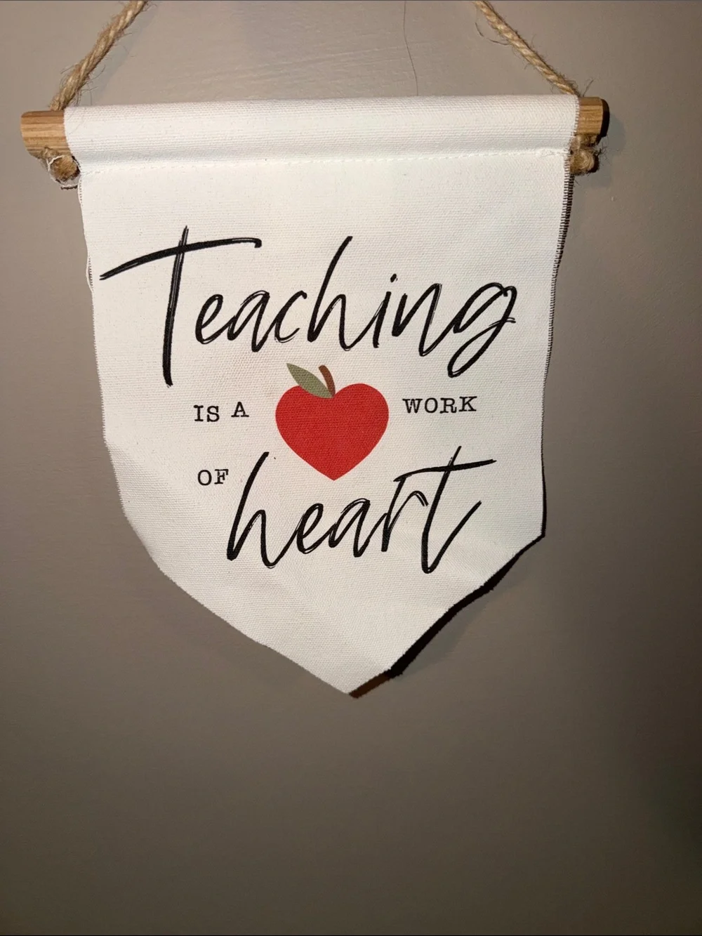 Teaching Is a Work of Heart Canvas Wall Banner - White and Red